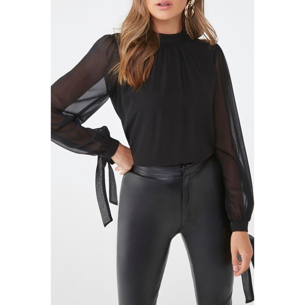 Forever 21 Chiffon Shirred Mock Neck Top black blouse